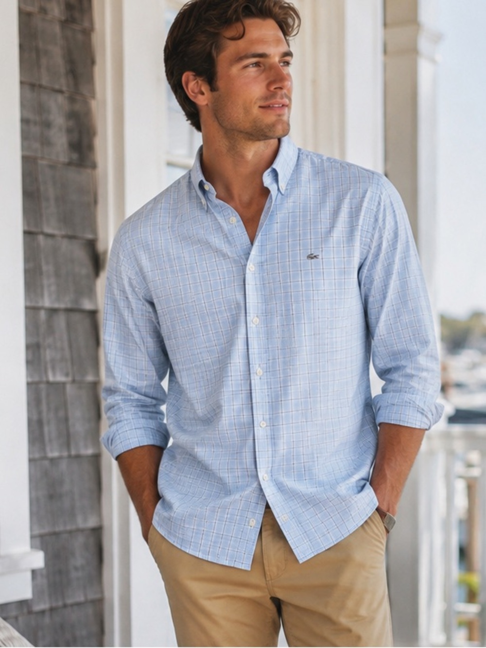 Lacoste Men’s Regular Fit Blue Plaid Button Down Shirt 16.5 Large